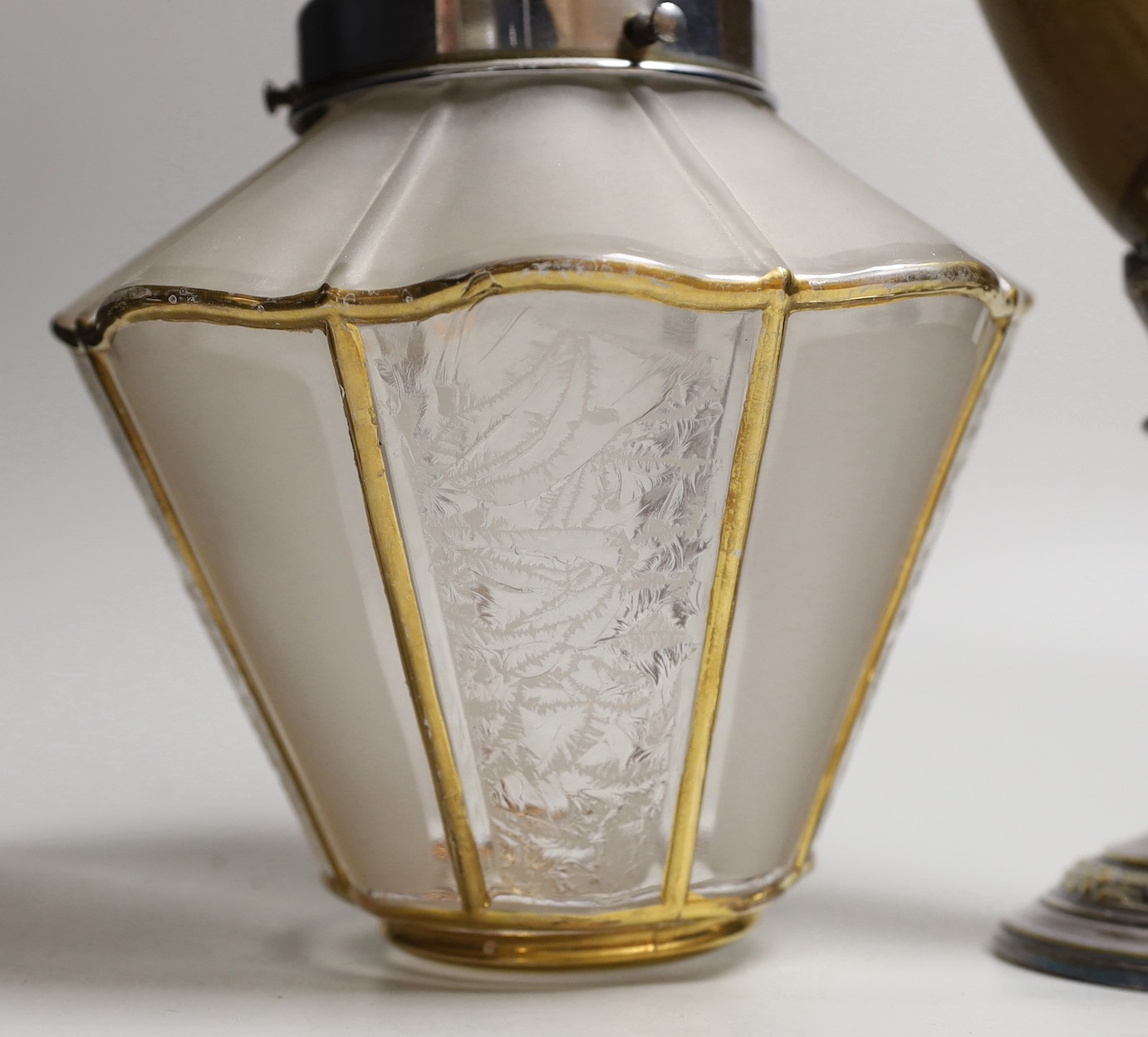 A silver plated and horn centrepiece and an Art Deco glass and chrome ceiling light